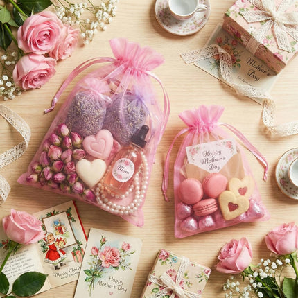 100 Pcs Pink Organza Bags 5x7 in, Small Mesh Drawstring Gift Bags for Sachet, Jewelry, Candy, Wedding Favor, Valentine's Day.