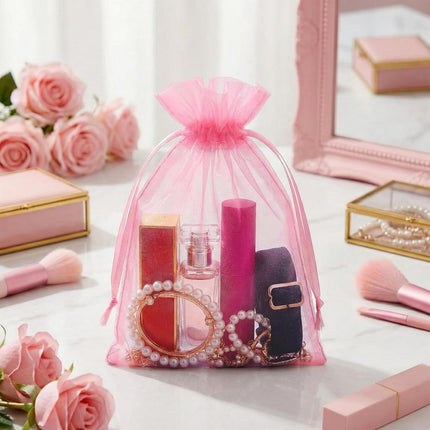 100 Pcs Pink Organza Bags 5x7 in, Small Mesh Drawstring Gift Bags for Sachet, Jewelry, Candy, Wedding Favor, Valentine's Day.
