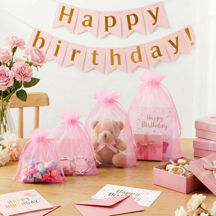 100 Pcs Pink Organza Bags 5x7 in, Small Mesh Drawstring Gift Bags for Sachet, Jewelry, Candy, Wedding Favor, Valentine's Day.