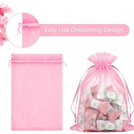 100 Pcs Pink Organza Bags 5x7 in, Small Mesh Drawstring Gift Bags for Sachet, Jewelry, Candy, Wedding Favor, Valentine's Day.