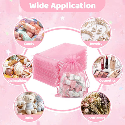 100 Pcs Pink Organza Bags 5x7 in, Small Mesh Drawstring Gift Bags for Sachet, Jewelry, Candy, Wedding Favor, Valentine's Day.