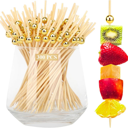 [300PCS] Cocktail Picks, Fancy Toothpicks for Appetizers Drinks Food Fruit, 4.7 IN Long Decorative Bamboo Skewers, Gold Pearl Wooden Garnish Sticks for Charcuterie Boards Accessories Party Supplies.