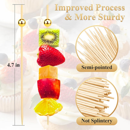 [300PCS] Cocktail Picks, Fancy Toothpicks for Appetizers Drinks Food Fruit, 4.7 IN Long Decorative Bamboo Skewers, Gold Pearl Wooden Garnish Sticks for Charcuterie Boards Accessories Party Supplies.