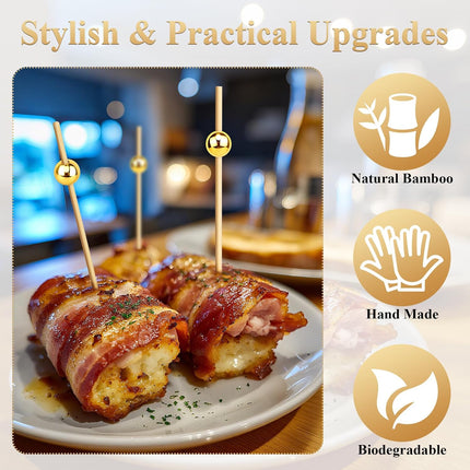 [300PCS] Cocktail Picks, Fancy Toothpicks for Appetizers Drinks Food Fruit, 4.7 IN Long Decorative Bamboo Skewers, Gold Pearl Wooden Garnish Sticks for Charcuterie Boards Accessories Party Supplies.