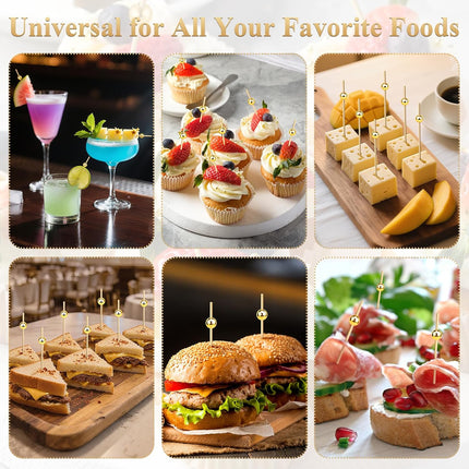 [300PCS] Cocktail Picks, Fancy Toothpicks for Appetizers Drinks Food Fruit, 4.7 IN Long Decorative Bamboo Skewers, Gold Pearl Wooden Garnish Sticks for Charcuterie Boards Accessories Party Supplies.