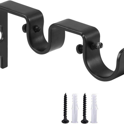 Heavy Duty Double Curtain Rod Brackets, 1" & 5/8" Inch Rod Holders (Set of 2, Black).