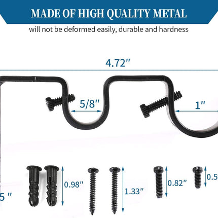 Heavy Duty Double Curtain Rod Brackets, 1" & 5/8" Inch Rod Holders (Set of 2, Black).