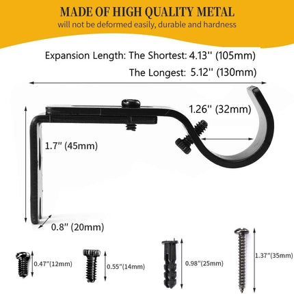 Heavy Duty Adjustable Curtain Rod Brackets and Holders - For 1 1/8 Inch & 1 1/4 Inch Rod, 2 PCS Black.