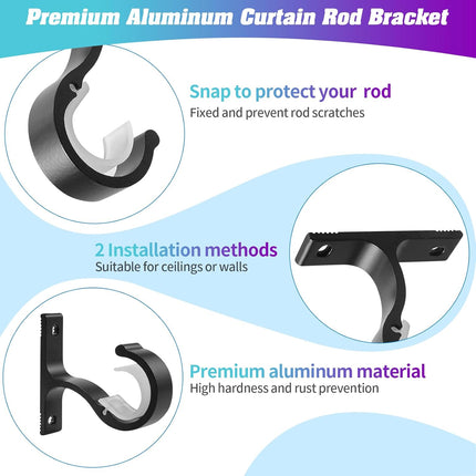 Ceiling Mount & Wall Installation Curtain Rod Brackets Holders for 1 Inch Rod, Black (Set of 2, Black).