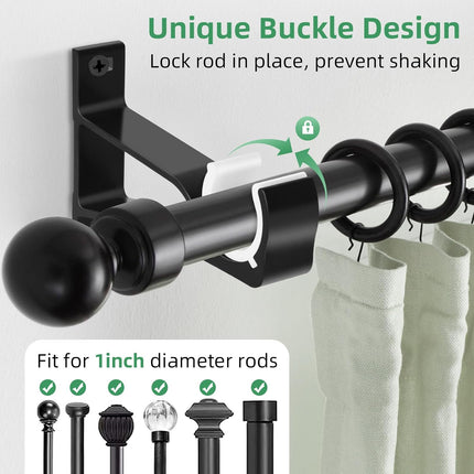 Curtain Rod Bracket, 4 Pack Heavy Duty Rods Holders Black Curtain Rod Hooks Brackets for Wall Single Drapery Rods Hangers Support Fit for 1 Inch Drape Pole.