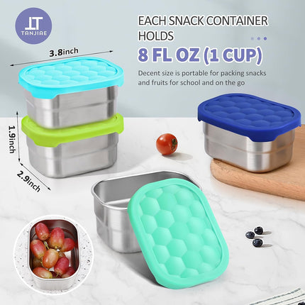 4Pack 8oz Small (1 CUP) Stainless Steel Snack Containers for Kids | Reusable Easy Open Toddler Snack Containers with Silicone Lids | Stackable Toddler Lunch Box for Daycare, School and Travel.