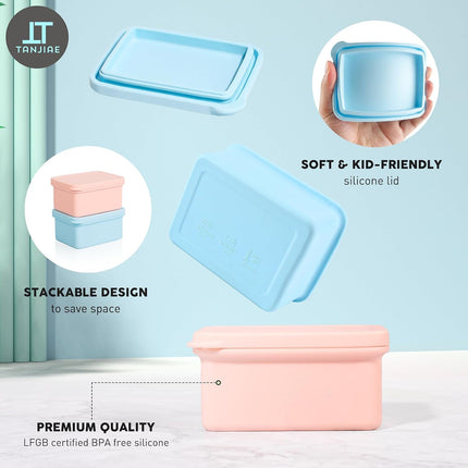 Silicone Snack Containers for Kids, Leak Proof Microwavable Small Lunch Box Containers with Lids for Toddlers, 1 Cup BPA Free Freezer Molds for Soups/Baby Food Storage (13.5oz*2).