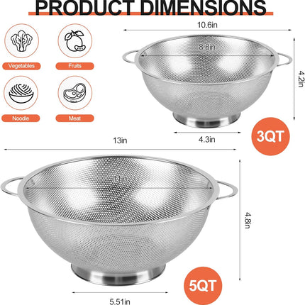 Colander Stainless Steel 3-Quart, Strainer for Kitchen Food, Dishwasher Safe.