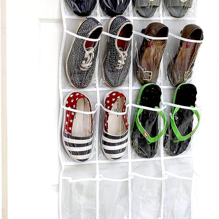 SimpleHouseware Crystal Clear Over The Door Hanging Shoe Organizer, 24 Pockets, Grey (162.6 cm H x 48.6 cm W).