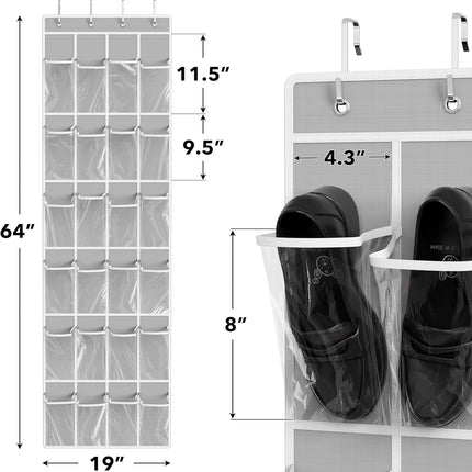 SimpleHouseware Crystal Clear Over The Door Hanging Shoe Organizer, 24 Pockets, Grey (162.6 cm H x 48.6 cm W).