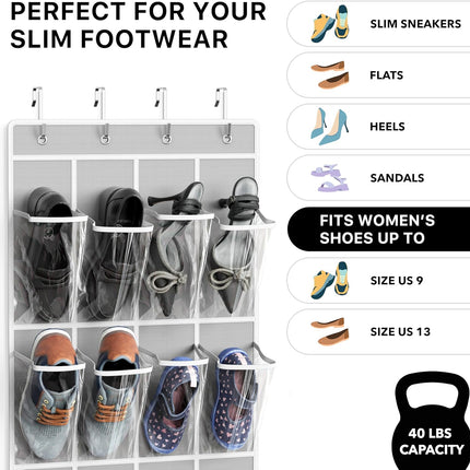 SimpleHouseware Crystal Clear Over The Door Hanging Shoe Organizer, 24 Pockets, Grey (162.6 cm H x 48.6 cm W).