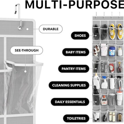 SimpleHouseware Crystal Clear Over The Door Hanging Shoe Organizer, 24 Pockets, Grey (162.6 cm H x 48.6 cm W).