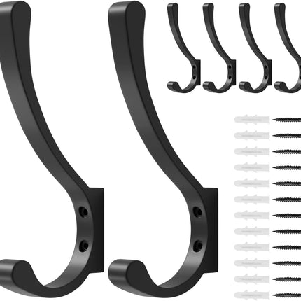 6 Pack Large Heavy Duty Coat Hooks, Black, Screw in Metal Wall Hooks for Hanging Coats, Backpacks, Purses.