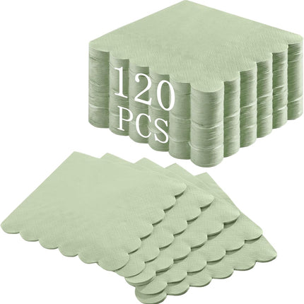 120 Pcs Cocktail Napkins Sage Green Wedding Napkins Disposable Baby Shower Scalloped Napkins for Bridal Shower, Birthday, 5 x 5 Inch.