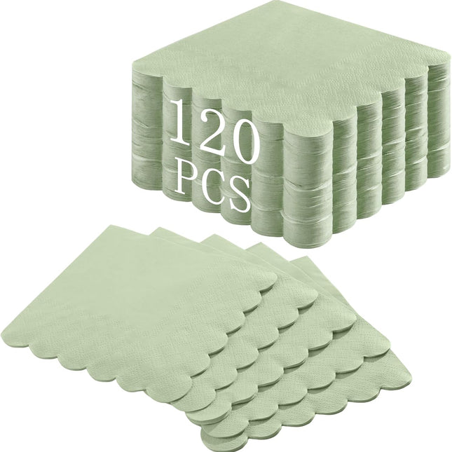 120 Pcs Cocktail Napkins Sage Green Wedding Napkins Disposable Baby Shower Scalloped Napkins for Bridal Shower, Birthday, 5 x 5 Inch.