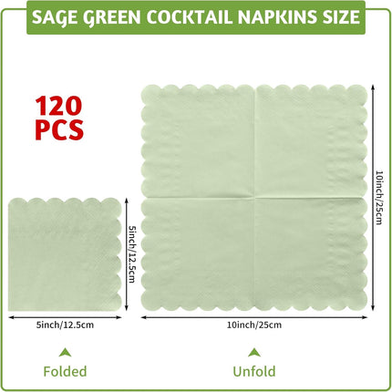 120 Pcs Cocktail Napkins Sage Green Wedding Napkins Disposable Baby Shower Scalloped Napkins for Bridal Shower, Birthday, 5 x 5 Inch.