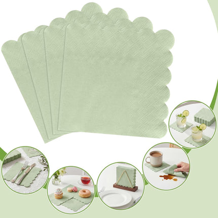 120 Pcs Cocktail Napkins Sage Green Wedding Napkins Disposable Baby Shower Scalloped Napkins for Bridal Shower, Birthday, 5 x 5 Inch.