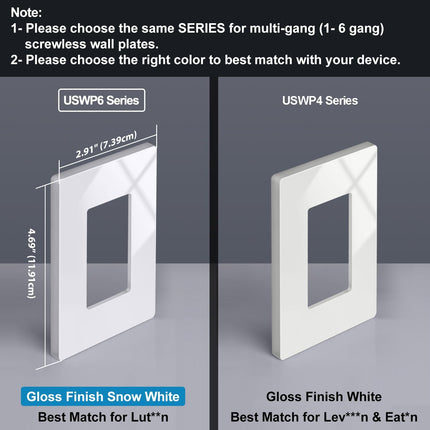 10 Pack of 1-Gang Screwless Wall Plate, USWP6 Gloss Snow White Series, Decorator Outlet Cover, 11.91cm x 7.39cm, Switch Plate Cover for Light Switch, Dimmer, GFCI, USB Receptacle.