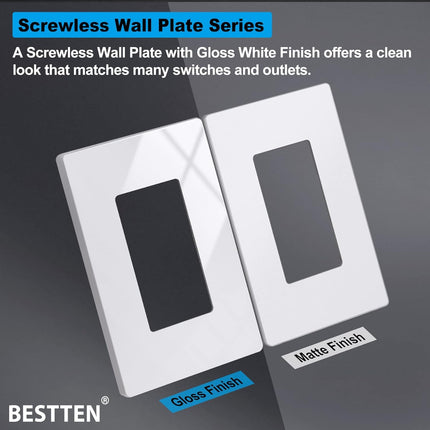 10 Pack of 1-Gang Screwless Wall Plate, USWP6 Gloss Snow White Series, Decorator Outlet Cover, 11.91cm x 7.39cm, Switch Plate Cover for Light Switch, Dimmer, GFCI, USB Receptacle.