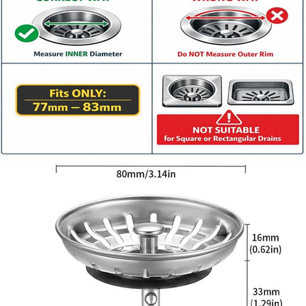 [2 Pack]  Kitchen Sink Strainer - Sink Drain Stopper - Kitchen Sink Plug with Anti-Clogging Basket - Bouchon Evier Cuisine - Compatible with 79–83mm Inner Diameter.