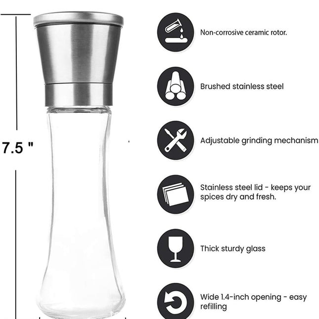 Pepper Grinder or Salt Grinder, Best Spice Mill with Ceramic Blades, Adjustable Coarseness, Brushed Stainless Steel Cap, and Refillable Tall Glass Body with 6OZ Capacity (7.5").