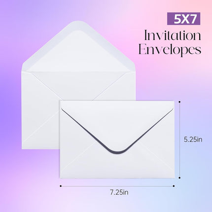 50PACK 5x7 Envelopes for Invitations, White A7 Envelopes for Wedding, Graduation, RSVP Cards, Gummed V Flag 5 1/4 x 7 1/4 inch.