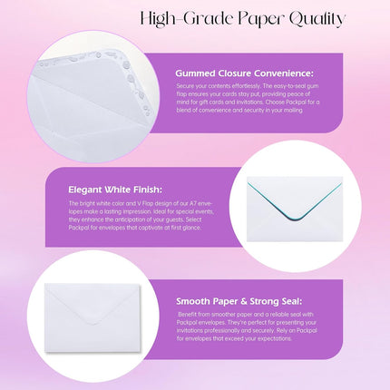50PACK 5x7 Envelopes for Invitations, White A7 Envelopes for Wedding, Graduation, RSVP Cards, Gummed V Flag 5 1/4 x 7 1/4 inch.