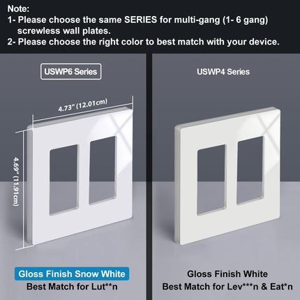 5 Pack 2-Gang Screwless Wall Plate, USWP6 Gloss Snow White Series, Decorator Outlet Cover, 11.91cm x 12.01cm, for Light Switch, Dimmer, GFCI, USB Receptacle.