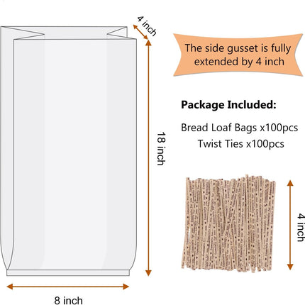 Bread Bags With Ties,100 Pieces 18x4x8 Inches Reusable Plastic Loaf Storage Bags for Homemade Bread Gift Giving.