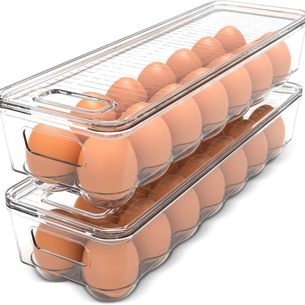 Pack of 2 - Egg Basket for fridge - Egg Holder for Fridge - 14 Egg Container With Lid & Handle, Egg Container For Refrigerator, Stackable Plastic Egg Tray with Lids (Clear).