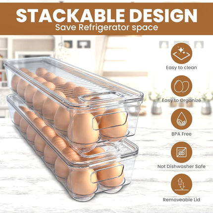 Pack of 2 - Egg Basket for fridge - Egg Holder for Fridge - 14 Egg Container With Lid & Handle, Egg Container For Refrigerator, Stackable Plastic Egg Tray with Lids (Clear).