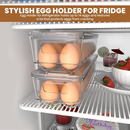 Pack of 2 - Egg Basket for fridge - Egg Holder for Fridge - 14 Egg Container With Lid & Handle, Egg Container For Refrigerator, Stackable Plastic Egg Tray with Lids (Clear).