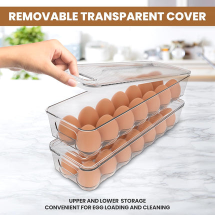 Pack of 2 - Egg Basket for fridge - Egg Holder for Fridge - 14 Egg Container With Lid & Handle, Egg Container For Refrigerator, Stackable Plastic Egg Tray with Lids (Clear).