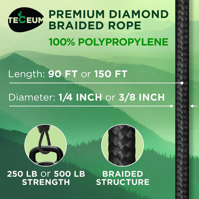 Rope – 1/4” & 3/8” – 90 FT | 150 FT – Strong All-Purpose Utility Rope – Camping, Crafting, Flag Pole, Indoor & Outdoor – Polypropylene Nylon Poly Lightweight Diamond Braided Cord – Black.