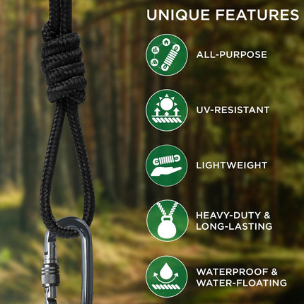 Rope – 1/4” & 3/8” – 90 FT | 150 FT – Strong All-Purpose Utility Rope – Camping, Crafting, Flag Pole, Indoor & Outdoor – Polypropylene Nylon Poly Lightweight Diamond Braided Cord – Black.