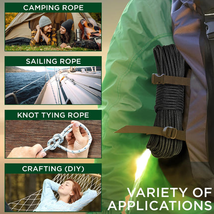 Rope – 1/4” & 3/8” – 90 FT | 150 FT – Strong All-Purpose Utility Rope – Camping, Crafting, Flag Pole, Indoor & Outdoor – Polypropylene Nylon Poly Lightweight Diamond Braided Cord – Black.