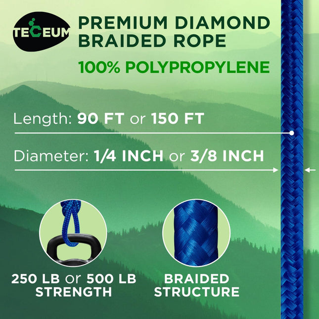 Rope – 90 Feet x 1/4 Inch (7mm) – Blue – Strong All-Purpose Utility Rope – Camping, Crafting, Flag Pole, Indoor & Outdoor – Polypropylene Nylon Poly Lightweight Diamond Braided Cord.