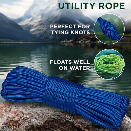 Rope – 90 Feet x 1/4 Inch (7mm) – Blue – Strong All-Purpose Utility Rope – Camping, Crafting, Flag Pole, Indoor & Outdoor – Polypropylene Nylon Poly Lightweight Diamond Braided Cord.