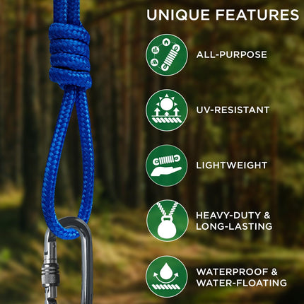 Rope – 90 Feet x 1/4 Inch (7mm) – Blue – Strong All-Purpose Utility Rope – Camping, Crafting, Flag Pole, Indoor & Outdoor – Polypropylene Nylon Poly Lightweight Diamond Braided Cord.