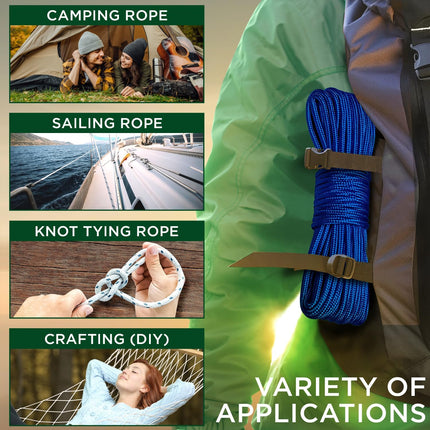 Rope – 90 Feet x 1/4 Inch (7mm) – Blue – Strong All-Purpose Utility Rope – Camping, Crafting, Flag Pole, Indoor & Outdoor – Polypropylene Nylon Poly Lightweight Diamond Braided Cord.