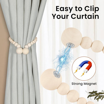 Magnetic Curtain Tiebacks, Curtain Holdbacks for Curtains 2 Pack, Wood Bead Curtain Holders for Boho Bedroom Decor, Baby Nursery Decor, Farmhouse Decor.