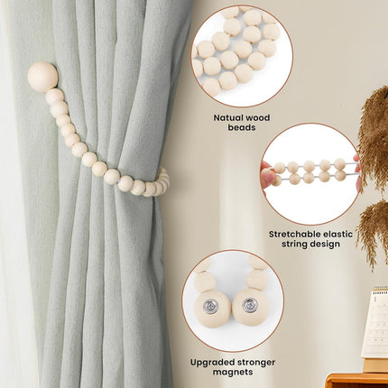 Magnetic Curtain Tiebacks, Curtain Holdbacks for Curtains 2 Pack, Wood Bead Curtain Holders for Boho Bedroom Decor, Baby Nursery Decor, Farmhouse Decor.