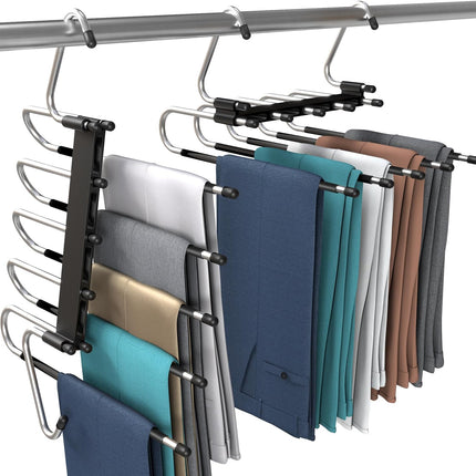 2 Pack Pants Hangers Space Saving - Clothes Hanger with Stainless Steel Hook & Anti-Slip Design - Closet Organizer for Jeans, Trousers, Skirts, Scarf & Slacks (Black).
