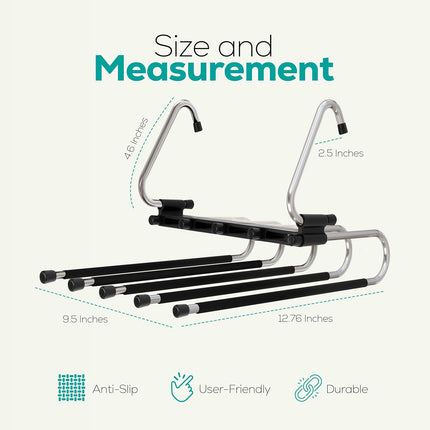 2 Pack Pants Hangers Space Saving - Clothes Hanger with Stainless Steel Hook & Anti-Slip Design - Closet Organizer for Jeans, Trousers, Skirts, Scarf & Slacks (Black).
