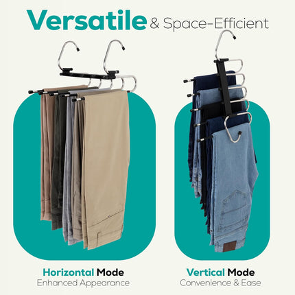 2 Pack Pants Hangers Space Saving - Clothes Hanger with Stainless Steel Hook & Anti-Slip Design - Closet Organizer for Jeans, Trousers, Skirts, Scarf & Slacks (Black).